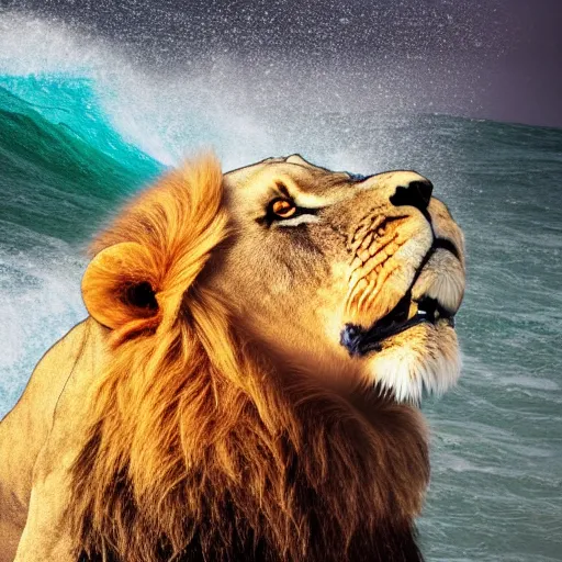 Image similar to a male lion's face breaching through a wave, stormy weather, ocean sprites, closeup of face, trending on artstation, dark lighting, face encircled by ocean wave