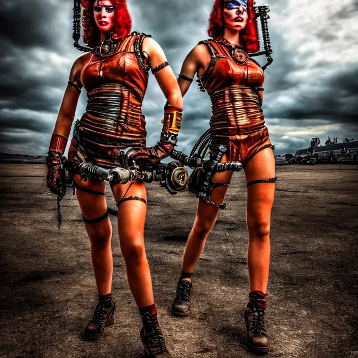 Image similar to full length photo of a very beautiful female atompunk warrior, 8 k, hdr, smooth, sharp focus, high resolution, award - winning photo