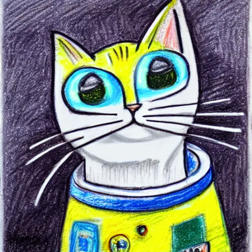 Prompt: An oil pastel drawing of an annoyed cat in a spaceship