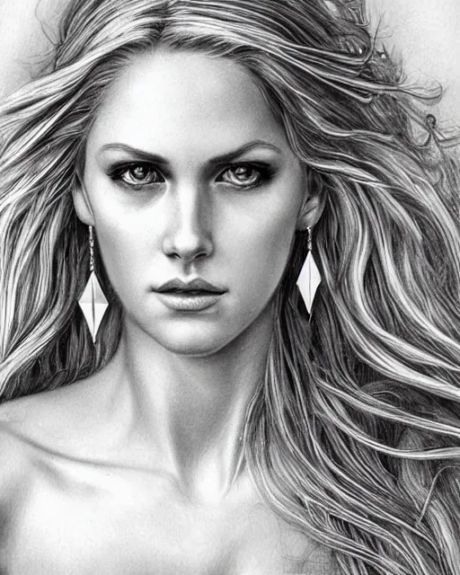 Image similar to pencil drawing of a beautiful greek goddess aphrodite with arrowhead earrings, beautiful piercing eyes, beautiful blonde hair, hyper realistic face, in the style of greg rutkowski, fantasy, amazing detail, epic, elegant, smooth, sharp focus, from the front