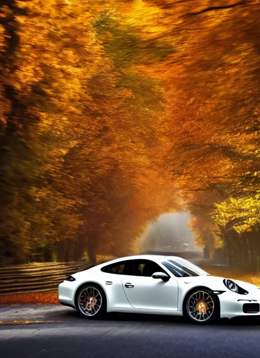 Image similar to photo of a porsche driving through autumn leaves, cinematic lighting, anti aliasing