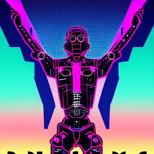 Image similar to cyborg half human, synthwave art