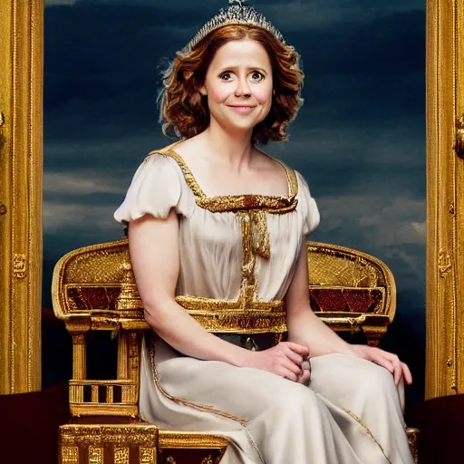 Prompt: Jenna Fischer in Roman queen clothes, sitting on throne, holding court, Norman Rockwell