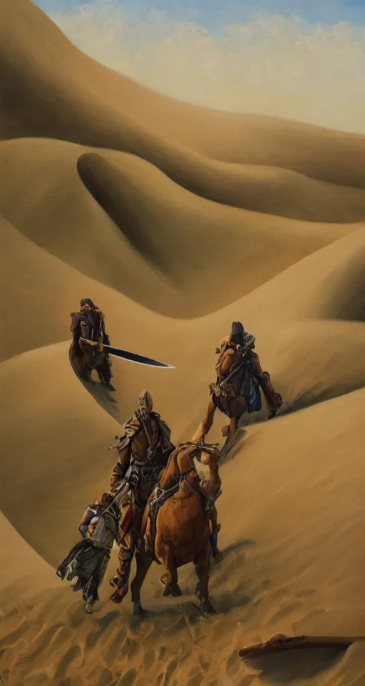 Image similar to oil painting of four sword wielding adventures traveling through a dune, 4 k, detailed, landscape