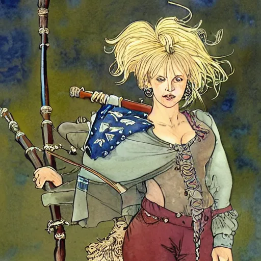 Image similar to a realistic and atmospheric watercolour fantasy concept art of britney spears dressed with scottish clothes and with bagpipe, muted colors. by rebecca guay, michael kaluta, charles vess and jean moebius giraud,