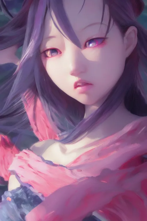 Prompt: 3d dark infrared octane render concept art by D. Jun, by Mo Xiang Tong Xiu, by Igarashi Daisuke, beauty landscape anime schoolgirl under dark pink and blue water. cute face. dramatic light, trending on artstation, oil painting.