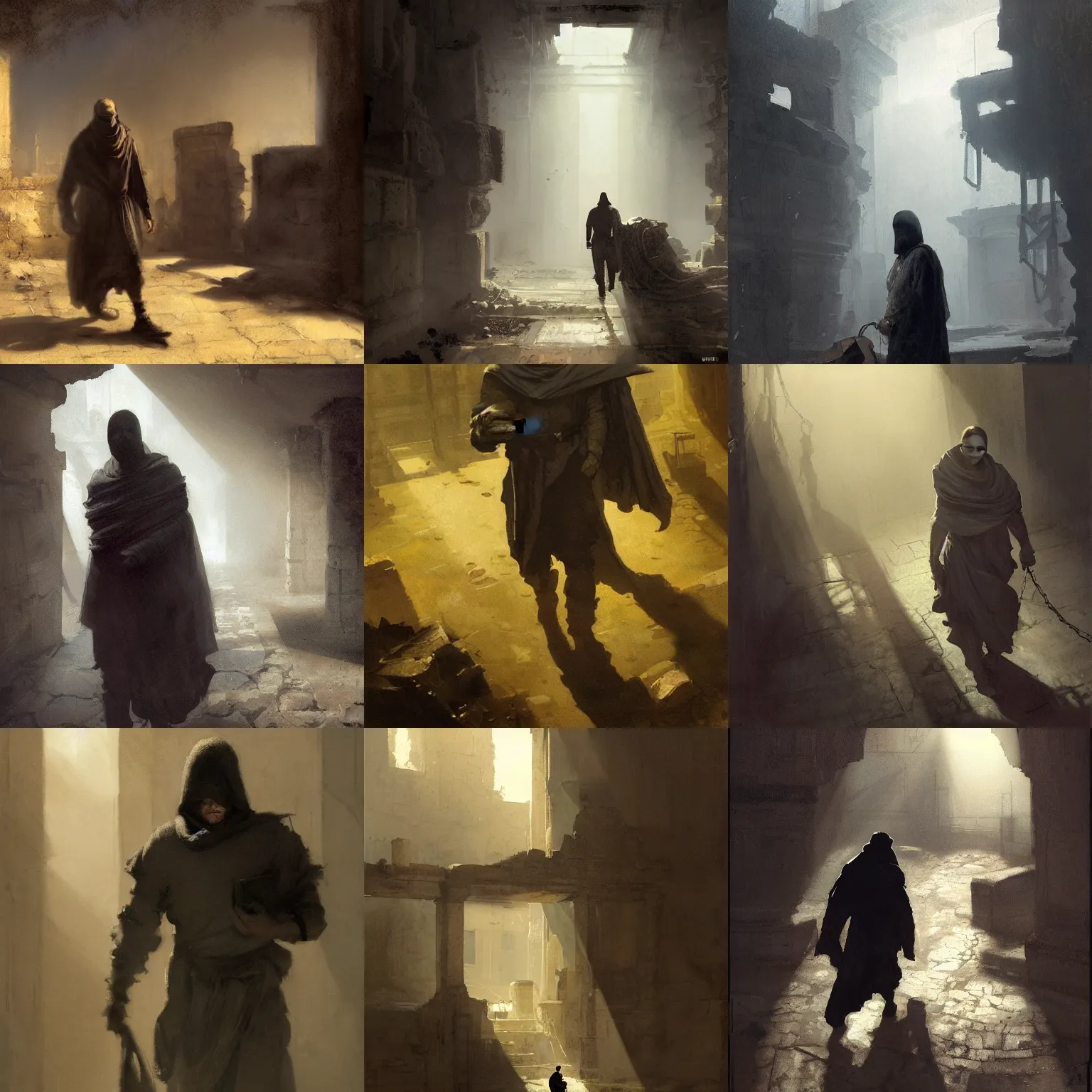 Prompt: portait of man wearing a closed cerimonial cowl, big old book chained to the wrist, by jeremy mann, by craig mullins, by caravaggio and mike mignola, face in the shadows, walking between ruins of ancient rome at dusk, mysterious atmosphere, sunrays, high detailed, 8 k