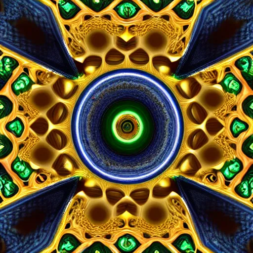 Image similar to twisting three dimensional multilayered pattern vortex inside a hexagonal shape, swirling, intricate detail, complex, jade, gold, silver, obsidian, ornate,