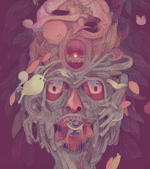 Prompt: portrait, nightmare anomalies, leaves with a chicken by miyazaki, violet and pink and white palette, illustration, kenneth blom, mental alchemy, james jean, pablo amaringo, naudline pierre, contemporary art, hyper detailed