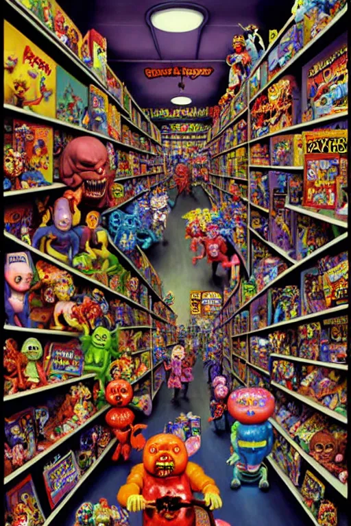 Image similar to a hyperrealistic painting of a toy store full of evil possessed toys retail horror, cinematic horror by chris cunningham, lisa frank, richard corben, highly detailed, vivid color,