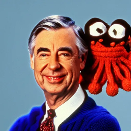 Image similar to mr. rogers wearing a cursed octopus as a hat, darkly lit horror photo