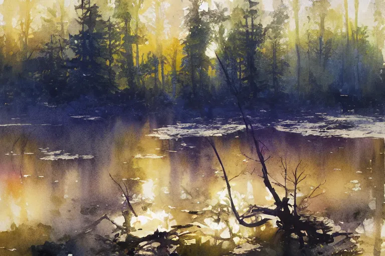 Prompt: small centered on watercolor paper, paint brush strokes, abstract watercolor painting of diamond night at swedish bog, spring and autumn, sharp daylight, cinematic light, american romanticism by hans dahl, by jesper ejsing, by anders zorn, by greg rutkowski, by greg manchess, by tyler edlin