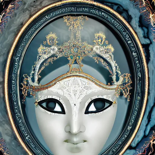 Prompt: highly detailed photography of a woman wearing venetian woman mask, sculpted in white opalescent marble, with lots of thin ornaments, disolving with a luminous background, curves and chaotic fractal art inlays, intricate, 8 k, white box, cinematic light, high aperture, background atmospheric effects