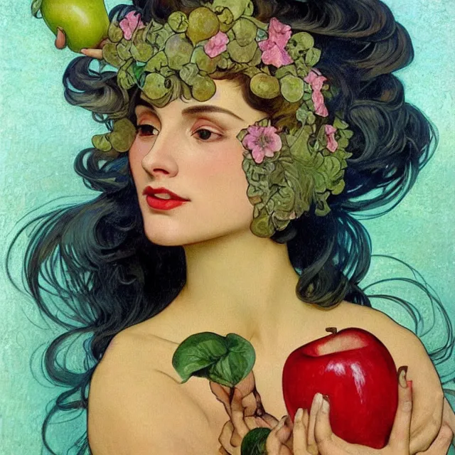 Prompt: an aesthetic! a detailed close portrai of an aesthetic woman, face covered in a transparent vale, holding an apple by frank frazetta and alphonse mucha, oil on canvas, bright colors, art nouveau, epic composition, dungeons and dragons fantacy art, hd, god - rays, ray - tracing, crisp contour - lines, huhd - 8 k