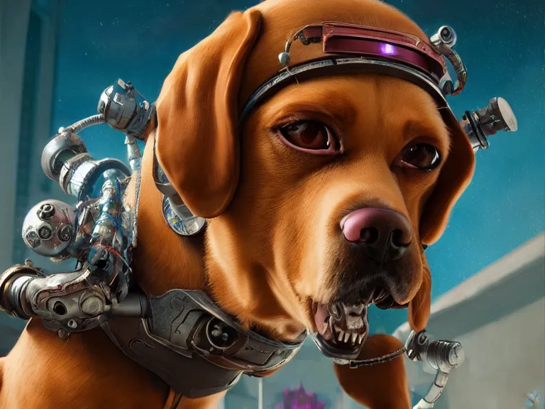 Prompt: dog cyborg, RPG Reference, Oil Painting, Trending on Artstation, octane render, Insanely Detailed, 8k, HD, design by Mark Ryden and Pixar and Hayao Miyazaki, unreal 5, DAZ, hyperrealistic, octane render, cosplay, RPG portrait, dynamic lighting, intricate detail, summer vibrancy, cinematic