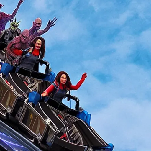 Image similar to the guardians of the galaxy riding a roller coaster