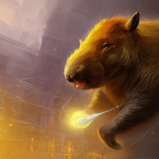 Image similar to Capybara/tiger, ferocious, angry, magic the gathering artwork, D&D, fantasy, cinematic lighting, centered, symmetrical, highly detailed, digital painting, artstation, concept art, smooth, sharp focus, illustration, volumetric lighting, epic Composition, 8k, art by Akihiko Yoshida and Greg Rutkowski and Craig Mullins, oil painting, cgsociety