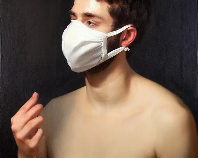 Image similar to masterpiece oil paint of a european young man covering face with fabric mask, trending on artstation, context art, extremely detailed