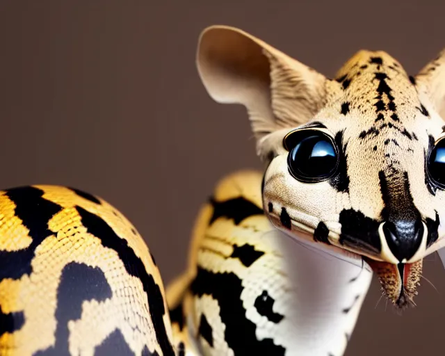 Image similar to an award winning photo of a serval - headed ball python, environmental portrait photography, national geographic, 4 k, sharp focus