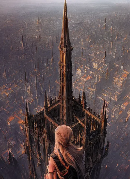 Image similar to a teenage girl stands on top of the tallest spire in a gothic fantasy city. zoomed out view. beautiful painting by greg rutkowski