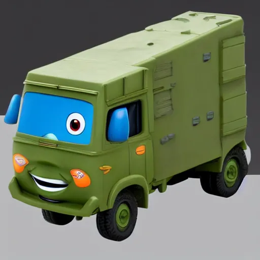 Image similar to HIMARS with eyes and smile, Cars Pixar movie style, detailed, green