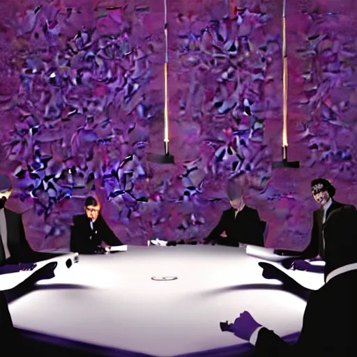 Image similar to HD render of shadow figures in suits sitting around a table in an occultic lair scheming and plotting, Ultra realistic digital art painting trending on artstation, photo realistic, black and purple colour scheme