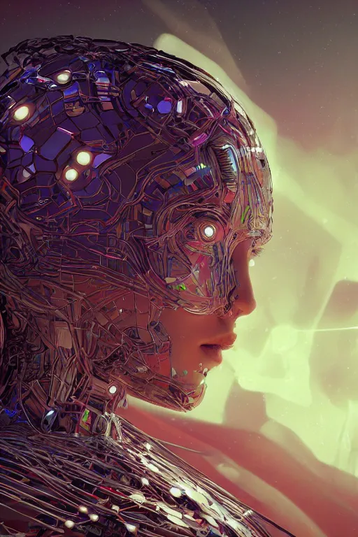 Image similar to the most amazing dream you ever had about beautiful woman transhumanism artificial intelligence singularity, hyper realistic, concept art, intricate, hyper detailed, smooth, jim lee, high contrast, neon, volumetric lighting, octane, raytrace, moebius, snowcrash