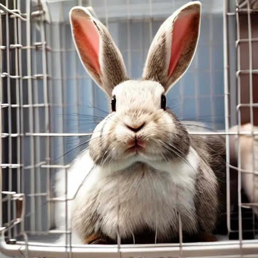 Image similar to Rabbit laying down in a cage, eating lettuce, half black half white, very furry, pink nose, at home, close up, National Geography , photorealistic, ultra-detailed, 4k high resolution, HDR shot