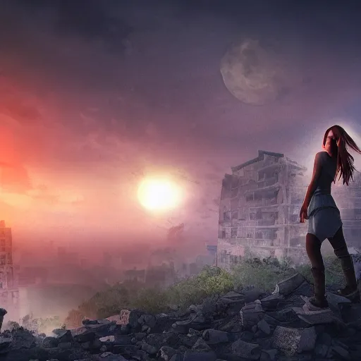 Image similar to A beautiful picture of a suicidal girl against the background of ruins of a destroyed city and a yellow -red moon, as move The Divide, extremely detailed, stunning volumetric lighting, atmosphere, hyper realism, fantasy 4k