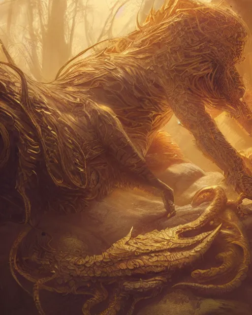 Image similar to A golden hulong sleeping, highly detailed, full body, fantasy art, monster art, in the style of greg rutkowski, illustration, epic, fantasy, intricate, hyper detailed, artstation, concept art, smooth, sharp focus, ray tracing