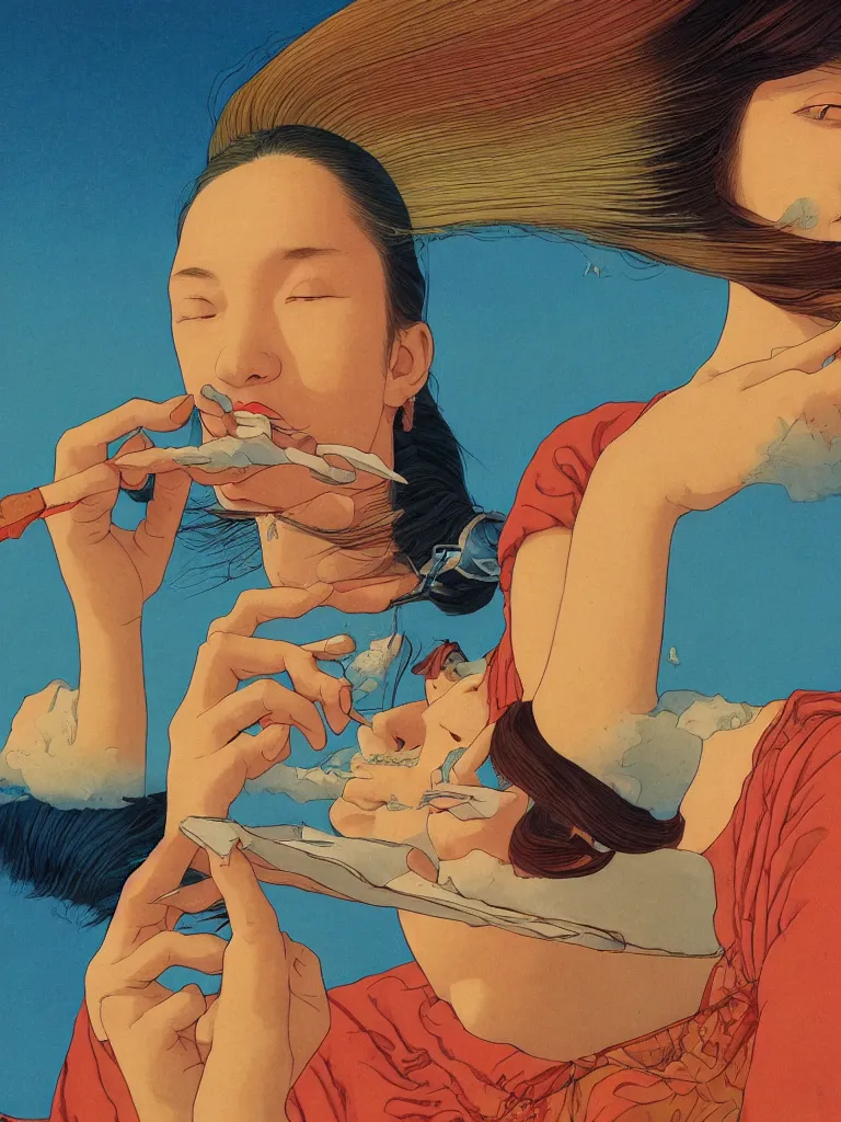 Image similar to a closeup portrait of a young siberian woman eating a blotter paper of lsd acid and dreaming psychedelic hallucinations in the vast icy landscape of antarctica, by kawase hasui, moebius and edward hopper, colorful flat surreal design, hd, 8 k, artstation