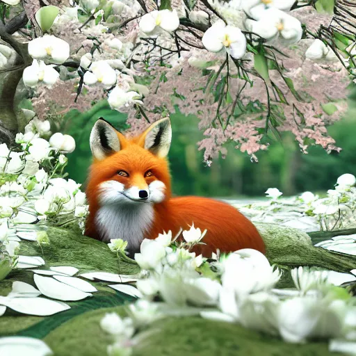 Image similar to small red fox in a forest full of white magnolias, fantasy, octane render, highly detailed