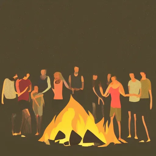 Image similar to sad people gathered around a camp fire at night, dark background, digital art