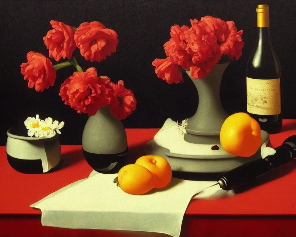 Image similar to an achingly beautiful still life featuring blooming flowers, tillamook cheese, and red wine on a table with a black background by Raphael, Hopper, and Rene Magritte. detailed, romantic, enchanting, trending on artstation.