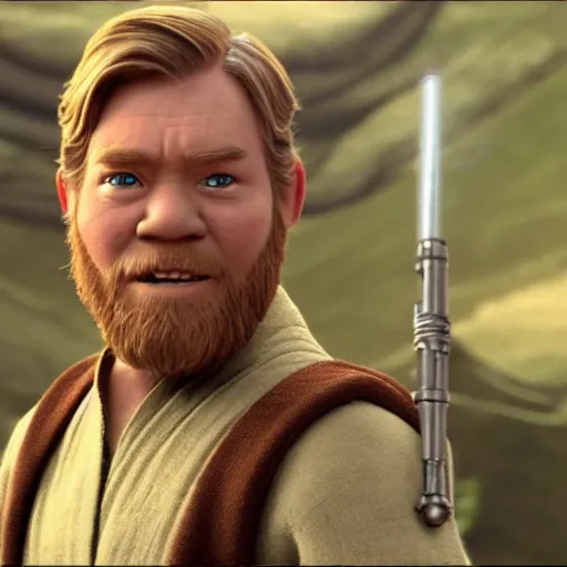 Image similar to frame from star wars movie of shrek as obi wan kenobi, hd, bluray