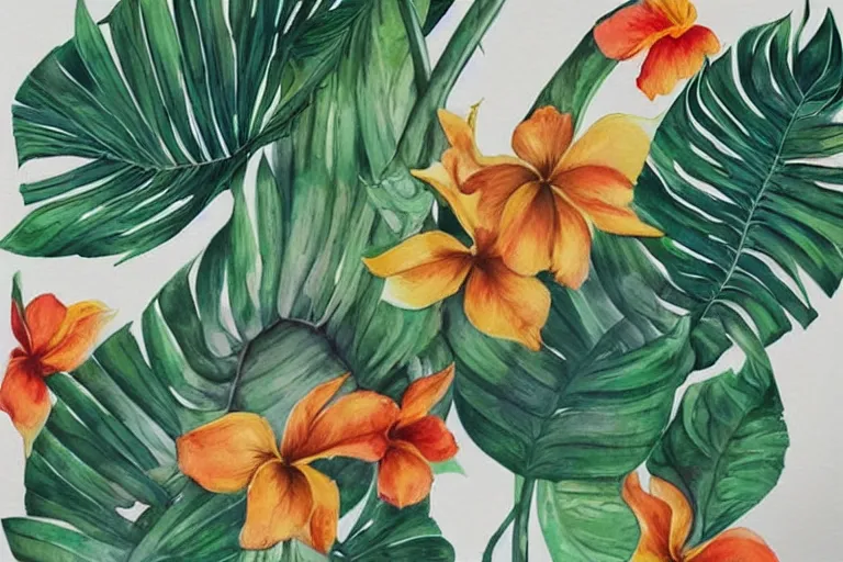 Image similar to watercolor artwork of exotic, elegant tropical prints : : trending on artstation