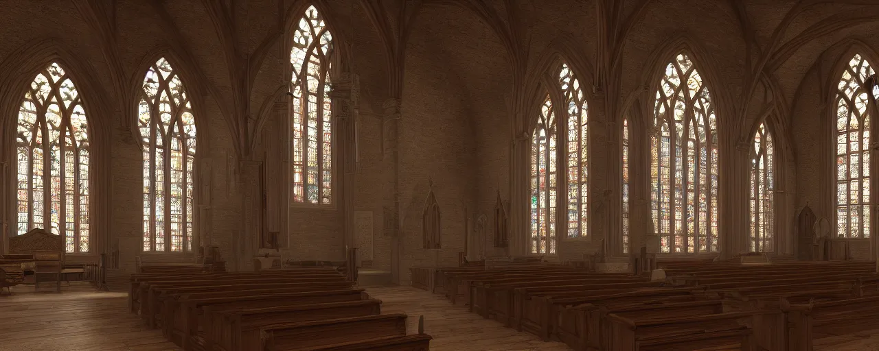 Image similar to a church with stained windows where old me come to pray, atmospheric, mist, epic, photorealistic, realistic, rule of thirds, extremely detailed, 4 k, 8 k, unreal engine 5 render, rim lighting, rtx, ray traced lighting, shot on 3 5 mm, film grain