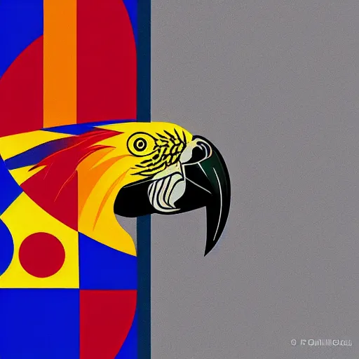 Image similar to Digital painting of a parrot painting the FC Barcelona logo onto a wall with a stalk of bamboo dipped in paint.