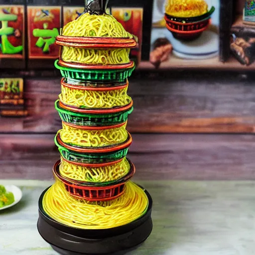 Image similar to indomie mi goreng noodles tower, marketplace, solarpunk, photo realistic, gourmet