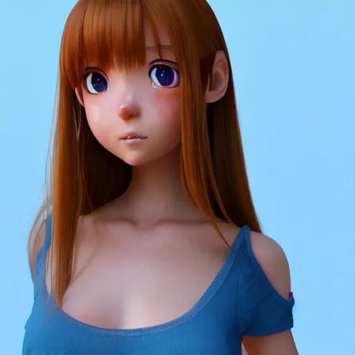 Prompt: Render of a very beautiful 3d anime girl, long hair, hazel eyes, cute freckles, full round face, short smile, cute sundress, golden hour, blue background, medium shot, mid-shot, highly detailed, trending on Artstation, Unreal Engine 4k