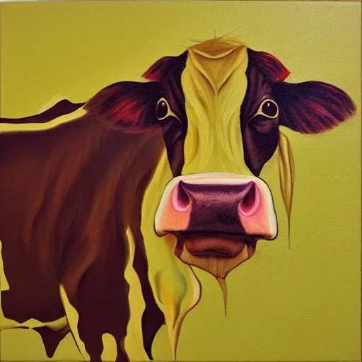 Prompt: “cow by sun oil on yellow canvas”