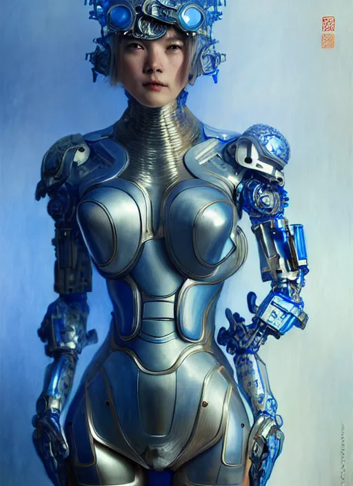 Image similar to ceramic cyborg armor, Chinese blue, diffuse lighting, fantasy, intricate, elegant, highly detailed, lifelike, photorealistic, digital painting, artstation, illustration, concept art, smooth, sharp focus, art by John Collier and Albert Aublet and Krenz Cushart and Artem Demura and Alphonse Mucha