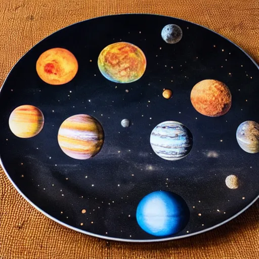 Prompt: high quality studio portrait of the solar system drawn with olive oil on a plate