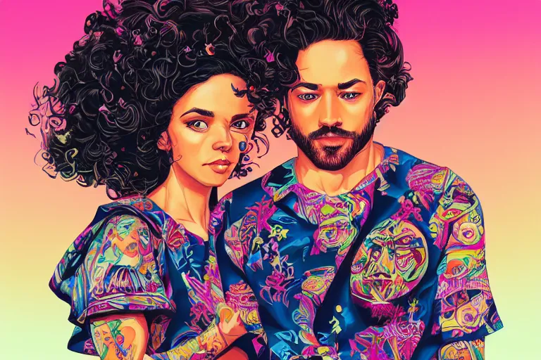 Image similar to hispanic girl medium length curly hair, and a bearded mixed race man with short curly hair, tristan eaton, victo ngai, artgerm, rhads, ross draws