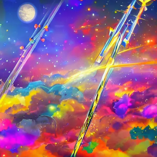 Prompt: many magical abstract swords made of stained glass in different colors floating infront of a blue and yellow colorful glowing moon with particles and sparks emmiting from the sword. In the sky above clouds. colorful hyper detailed vector impressionism. Dynamic perspective.