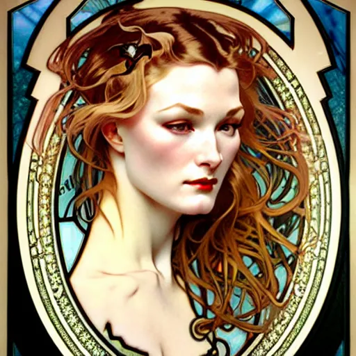 Prompt: realistic detailed face portrait of Veronica Lake by Alphonse Mucha, Ayami Kojima, Yoshitaka Amano, Charlie Bowater, Karol Bak, Greg Hildebrandt, Jean Delville, and Mark Brooks, Art Nouveau, Pre-Raphaelite, Gothic Revival, intricate fine details, exquisite, 4k resolution