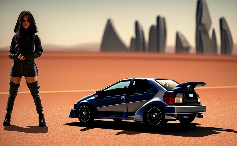 Prompt: photograph of a cell-shaded Honda EK9 Type-R with a techwear woman , on a desert road with a futuristic city in the horizon, one point perspective, 1-point perspective, tilt shift, sigma 85mm f/1.4, 4k, depth of field, high resolution, 4k, 8k, hd, full color