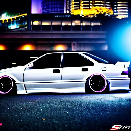 Image similar to a car JZX90 twin turbo drift at illegal car meet, Shibuya prefecture, city midnight mist lights, cinematic lighting, photorealistic, highly detailed wheels, high detail