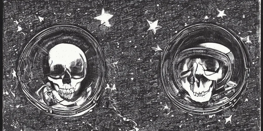 Image similar to etch portrait of a skull wearing a space helmet, in the style of goya etchings, scifi, big clouds visible in the background, stars in the sky, high contrast, deep black tones