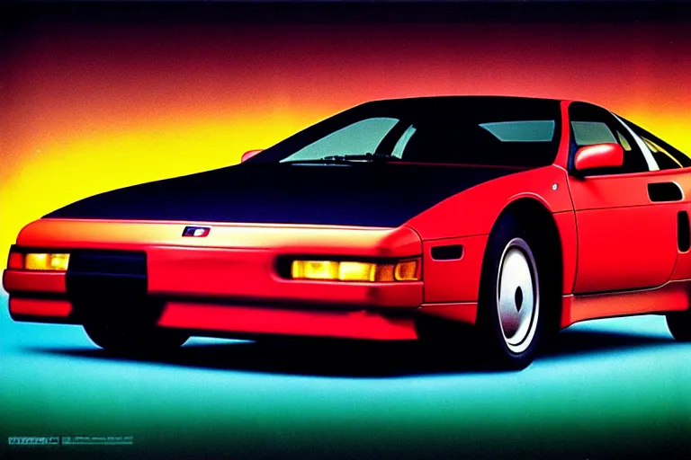 Image similar to designed by giorgetto giugiaro stylized poster of a 1 9 9 0 nissan 3 0 0 zx with thick neon lights as an ektachrome photograph with volumetric lighting cinematic eastman 5 3 8 4 film